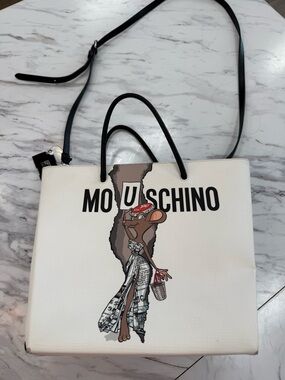 Moschino White Tote with Black Handles and Cartoon Mouse